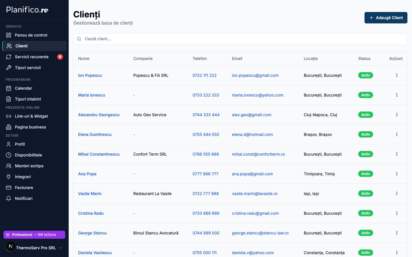 Evidenta clienti - lista clienti in Planifico