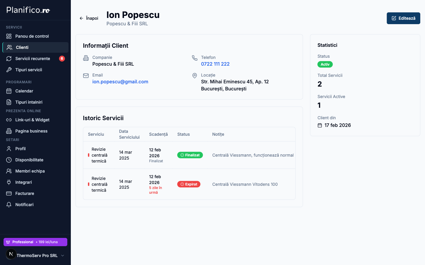 Detalii client - istoric servicii si scadente in Planifico